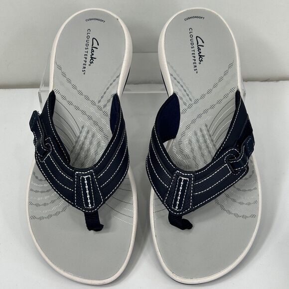 Clarks Cloudsteppers Comfort Flip Flops Sandals Sz 11 Navy Blue Gray Adjustable - Picture 1 of 6
